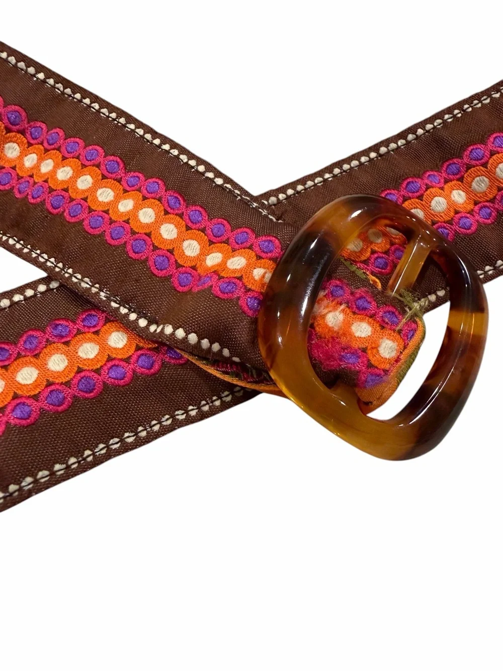 See Ci Boho Embroidered Floral Reversible Ribbon Belt - Brown & Orange